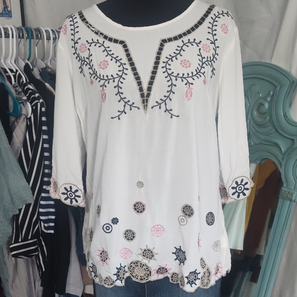 Solitaire White Blouse with Black and Pink Embroidery